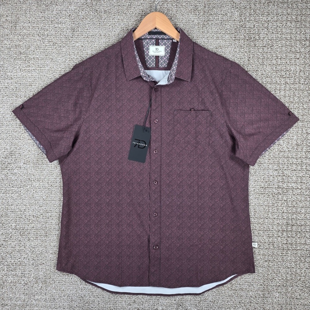 7 Diamonds Athens 4 Way Stretch Short Sleeve Button Down Shirt Mens XL Burgundy - Picture 2 of 9